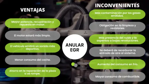 Anular EGR: ventajas como mayor potencia y ahorro, inconvenientes como más contaminación.